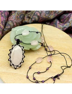 Collier pierre quartz rose allongée sur fil