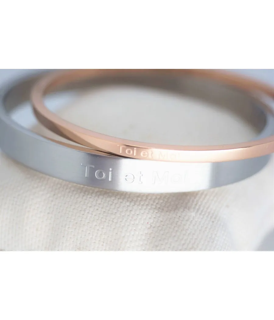 DUO DE JONCS ACIER INOXYDABLE FEMME ROSE ET HOMME ARGENT TOI ET MOI