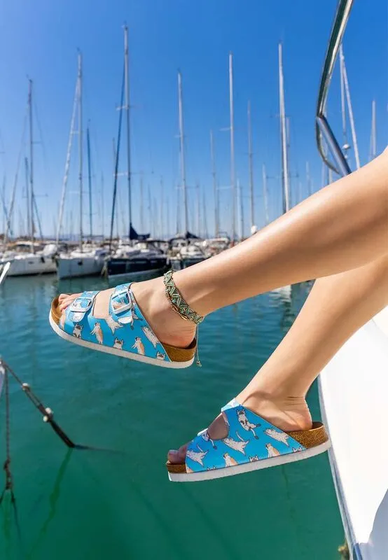 Femme Cuir Vegan Turquoise Sandales - Let me Cat You Motif