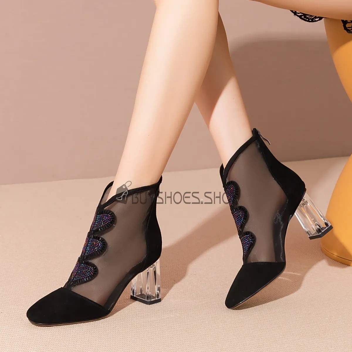 Fermeture Éclair Élégant Bottine Moderne Filet Talon Epais Talons Carrés Noir Daim Bout Carré Ceremonie Chaussure De Soirée Cuir