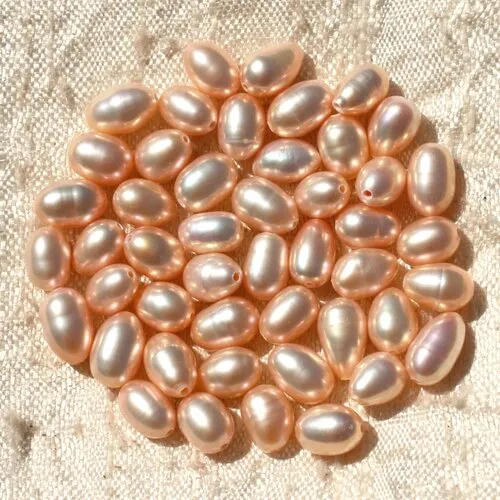 Fil 35cm 50pc environ - perles naturelles culture eau douce riz olives ovales 6-8mm rose saumon irisé