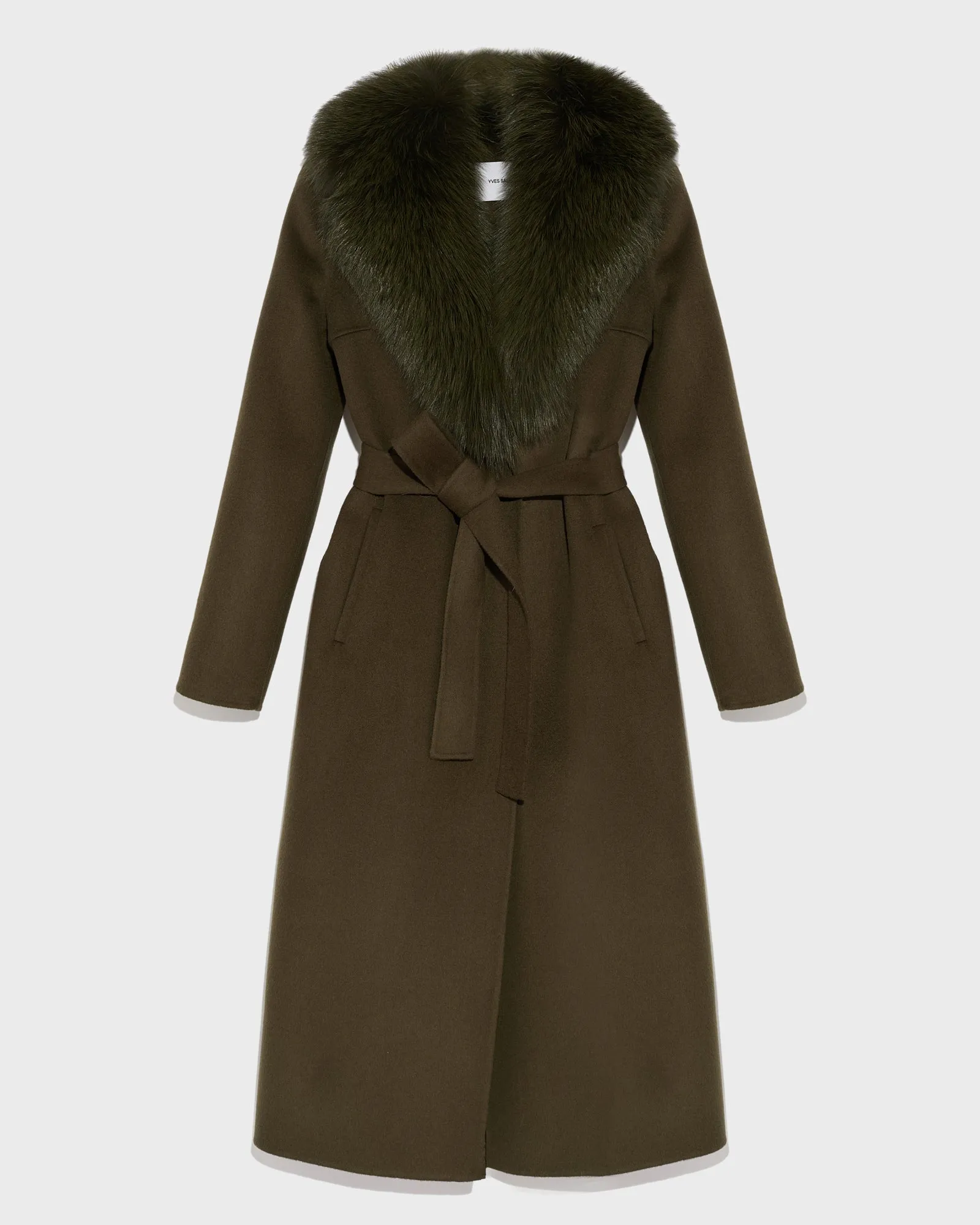 Manteau ceinturé en lainage cachemire avec col en renard