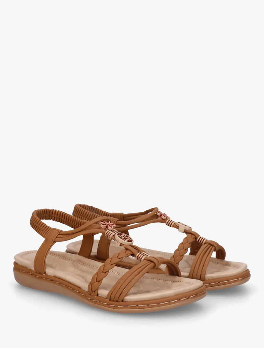 Nu-pieds unis à empiècement perles en bois - Camel