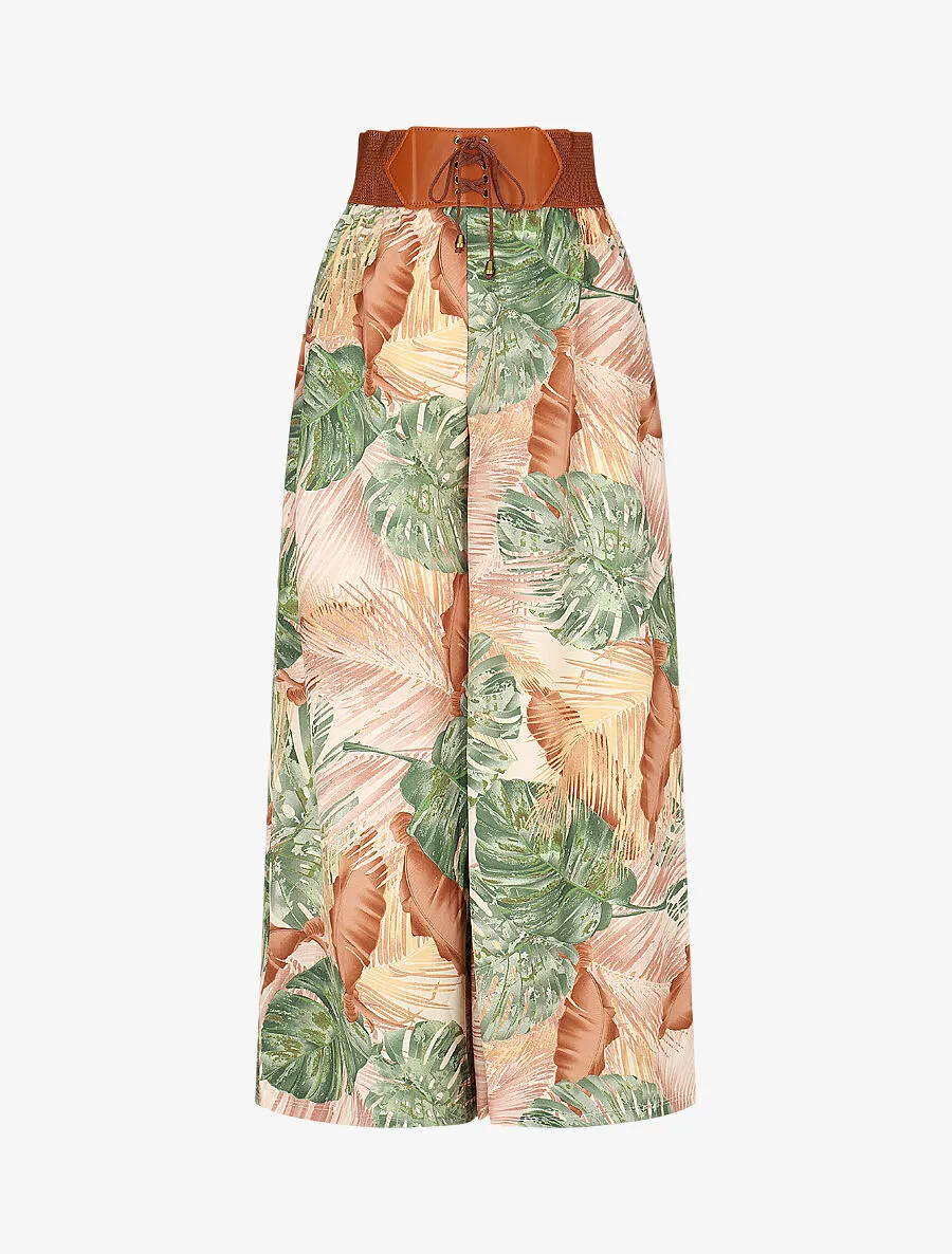 Pantalon imprimé tropical à taille haute - Camel