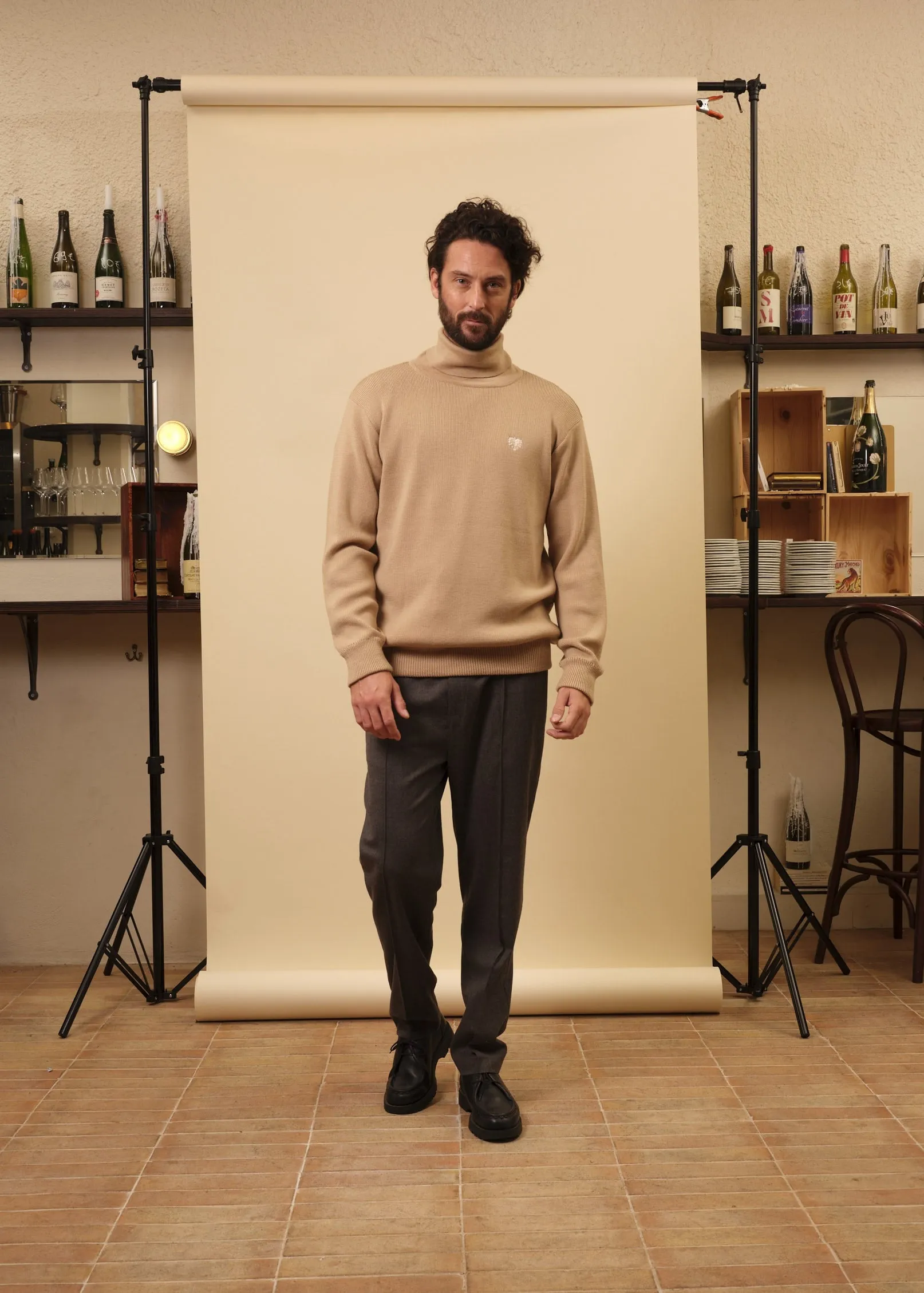 PULL COL ROUL BEIGE 100% LAINE