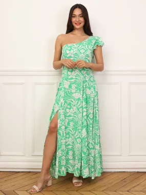 Robe fleurie asymétrique à volants- Vert