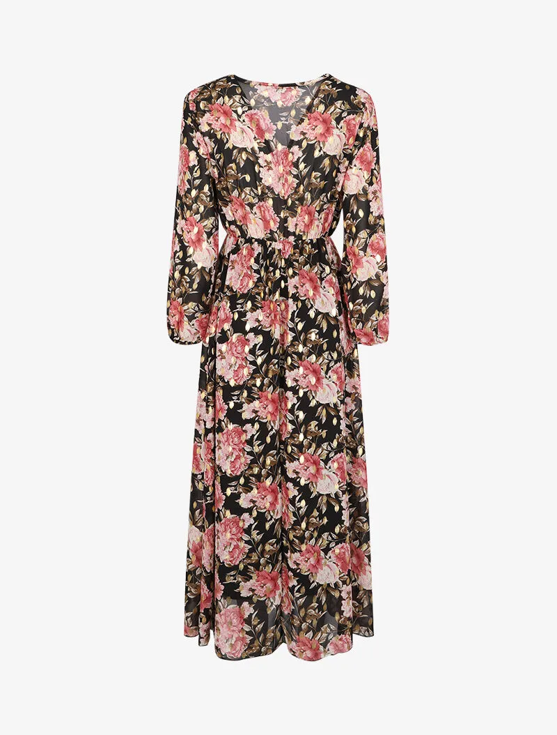 Robe longue à imprimé roses - Noir
