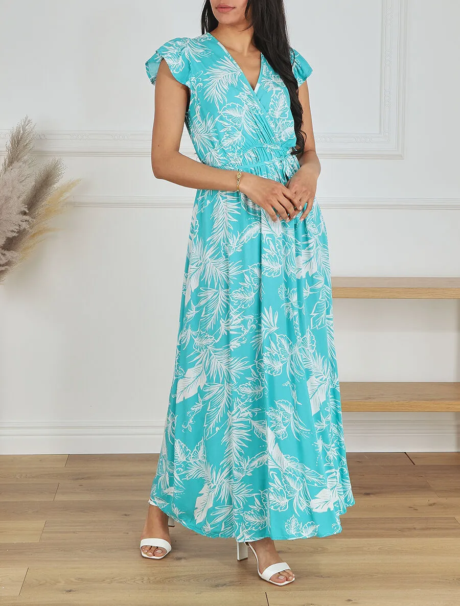 Robe longue col cache-coeur motif tropical - Bleu turquoise