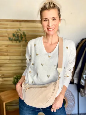 Sac besace demi-lune XL velours ctelé - AMY - Beige clair