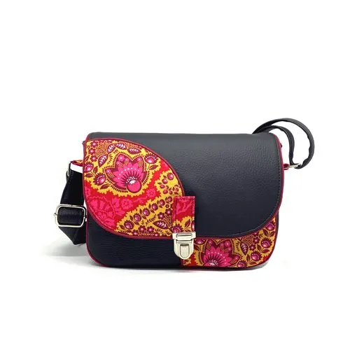 Sac à bandoulière artisanal, sac fait-main, besace colorée, cuir noir, cadeau original, sac décontracté coloré original, besace