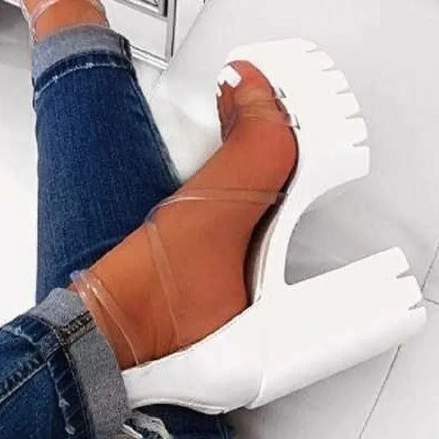 Sandales à hauts talons épais à bande et lanières à cheville transparentes pour femme