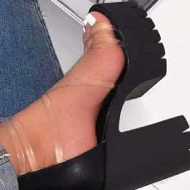 Sandales à hauts talons épais à bande et lanières à cheville transparentes pour femme