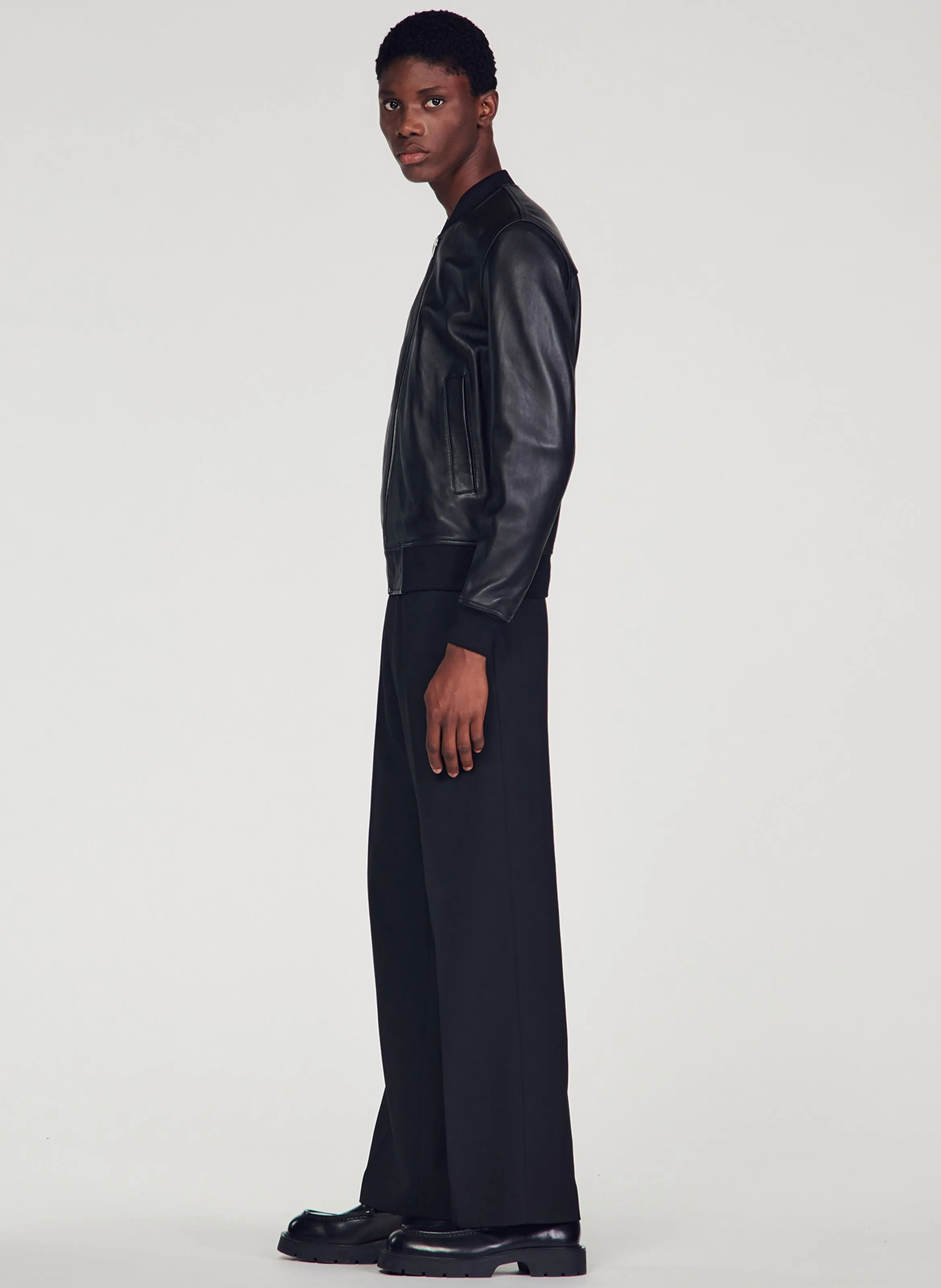 SANDRO  Blouson teddy en cuir - Noir