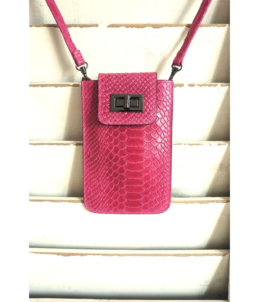 SANTAIA ETUI POCHETTE SMARTPHONE CUIR FAIT EN ITALIE EFFET CROCO ROSE