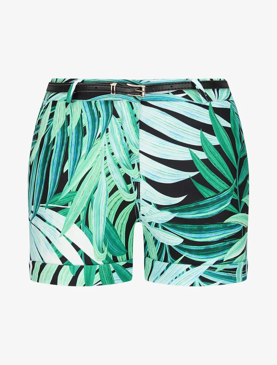 Short à ourlets imprimé feuilles tropicales - Vert