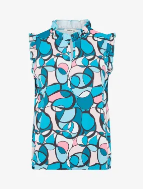 Top satiné sans manches motif abstrait et volants - Bleu canard